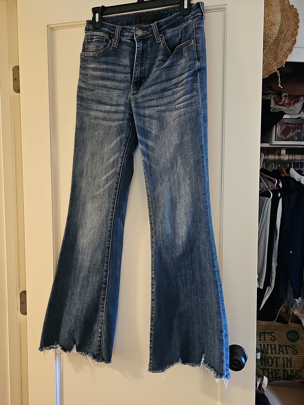 Women's Blue High-Rise Flare Jeans with Frayed Hem